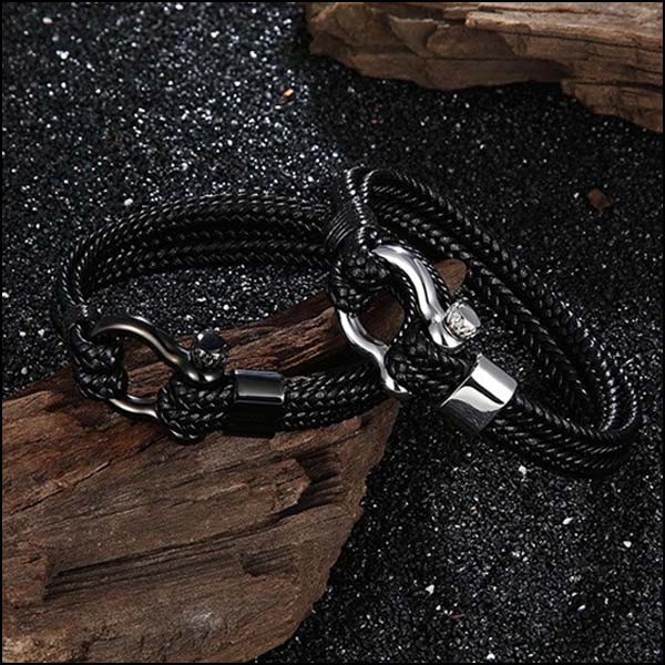 Men's Black Braided Leather Shackle Bracelet