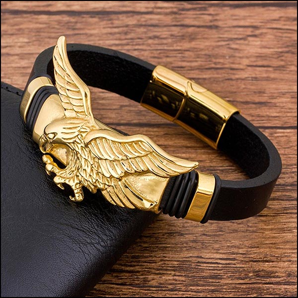 Men's Gold Eagle Black Leather Bracelet