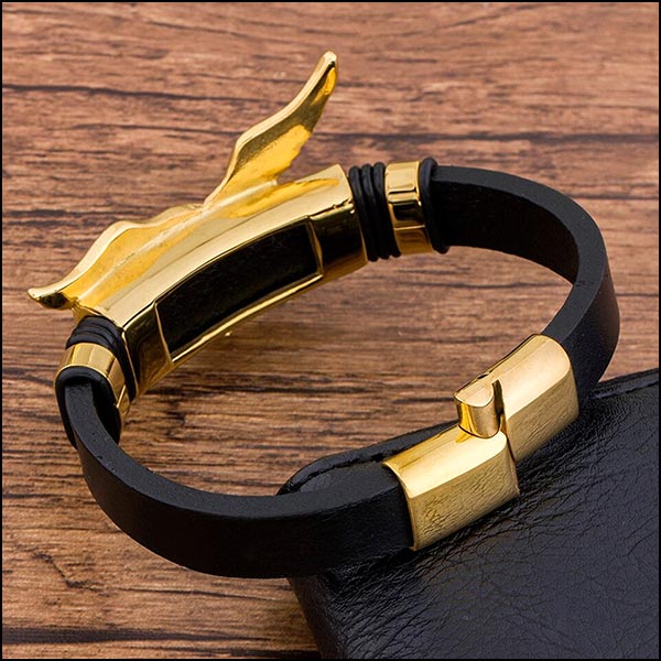Men's Gold Eagle Black Leather Bracelet
