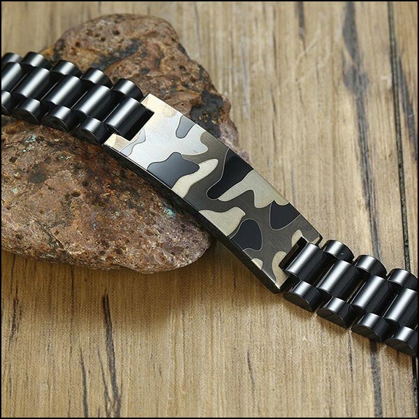 Matte Black Stainless Steel Bracelet with Camo ID Plate