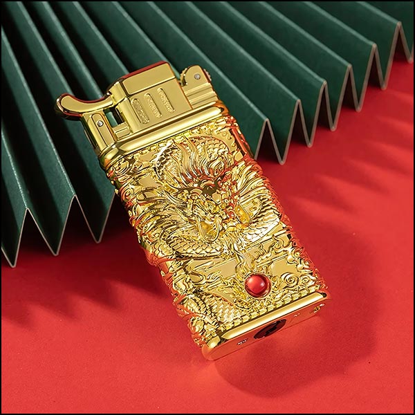 Ornate Gold Dragon Lighter with Amber Gem