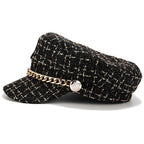 Black Gold Tweed Newsboy Cap with Gold Chain