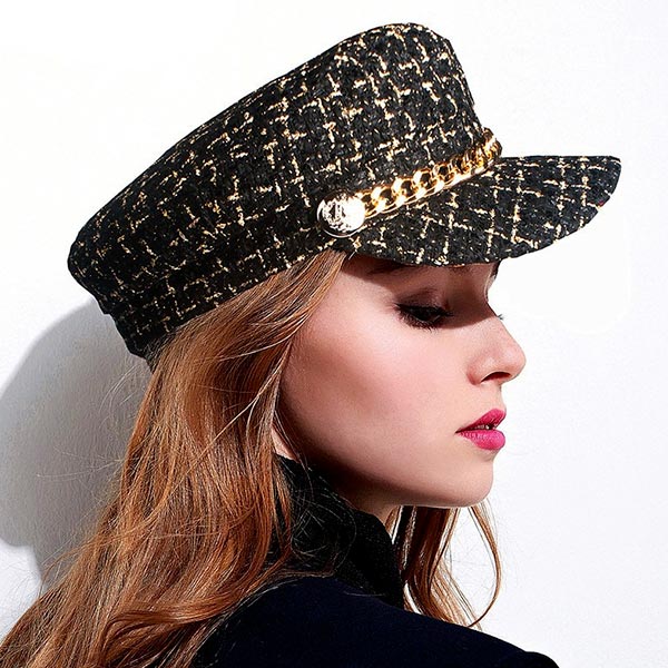 Black Gold Tweed Newsboy Cap with Gold Chain