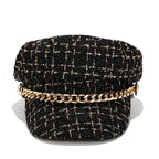Black Gold Tweed Newsboy Cap with Gold Chain