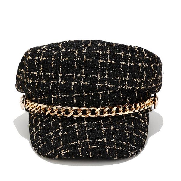 Black Gold Tweed Newsboy Cap with Gold Chain