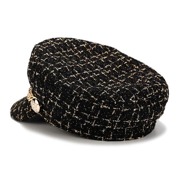 Black Gold Tweed Newsboy Cap with Gold Chain
