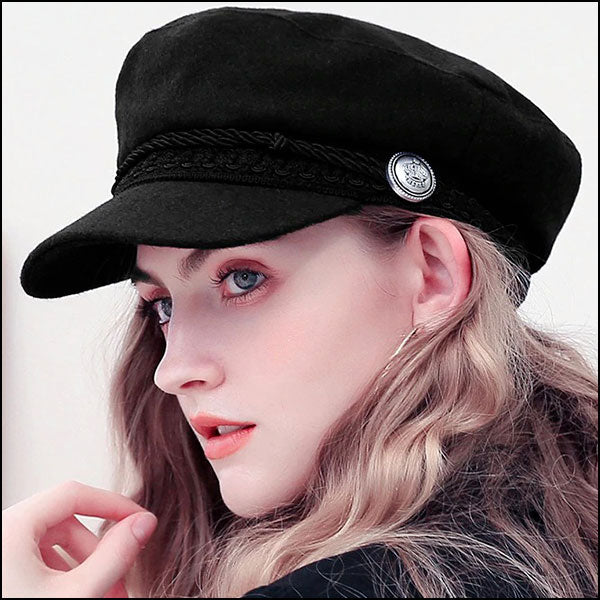 Black Wool Blend Sailor Cap with Rope Trim