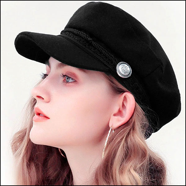 Black Wool Blend Sailor Cap with Rope Trim