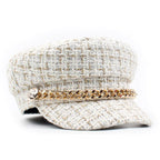 Chic Cream Tweed Baker Boy Hat with Gold Chain