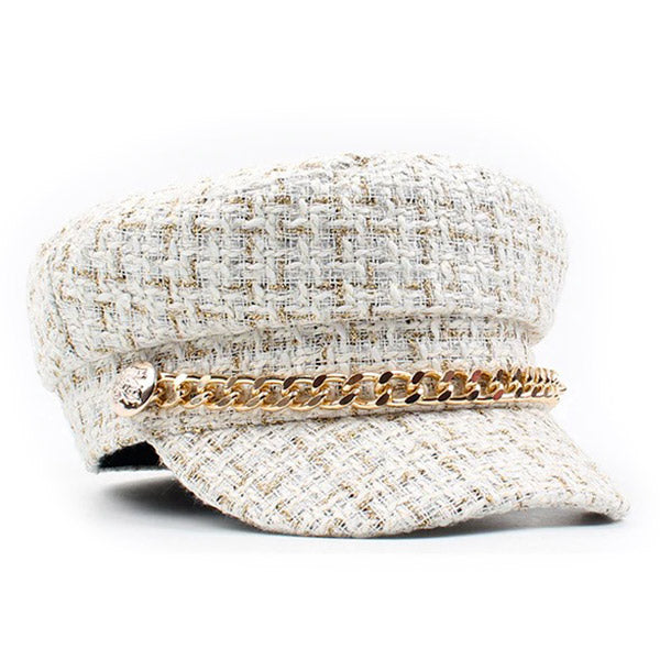 Chic Cream Tweed Baker Boy Hat with Gold Chain