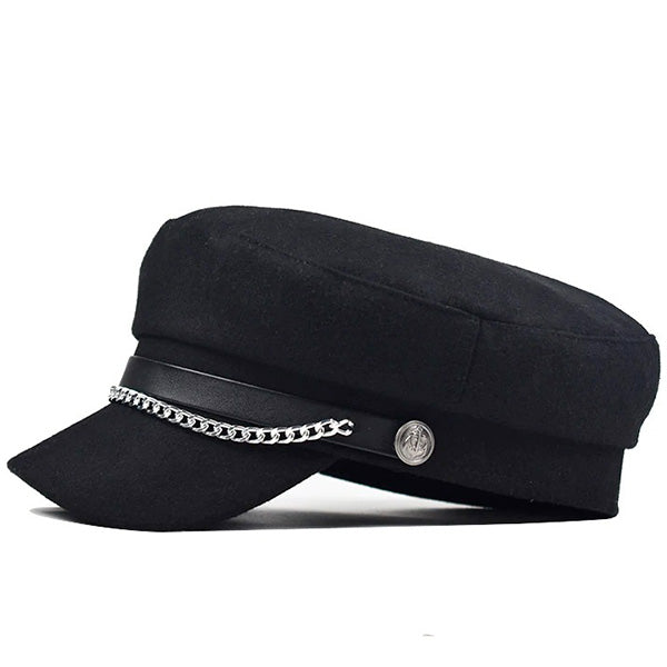 Black Felt Baker Boy Cap with Silver Chain