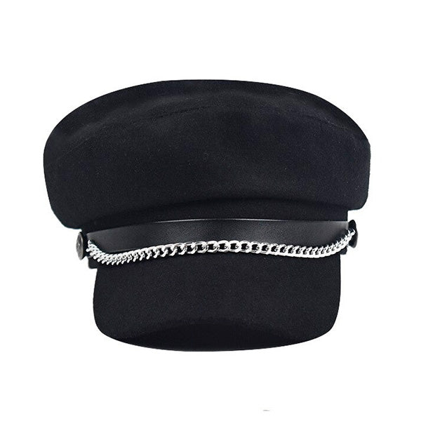 Black Felt Baker Boy Cap with Silver Chain