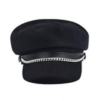 Black Felt Baker Boy Cap with Silver Chain