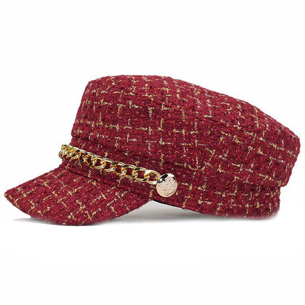 Women's Red Tweed Baker Boy Cap with Gold Chain