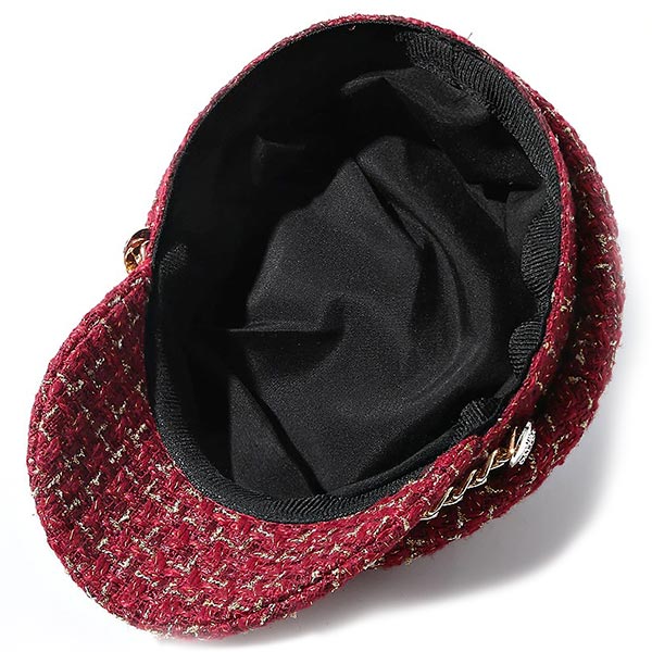 Women's Red Tweed Baker Boy Cap with Gold Chain