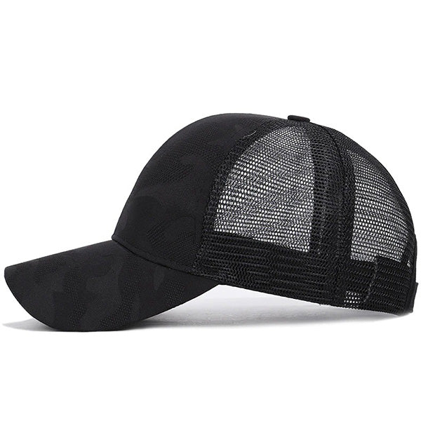 Black Camo Mesh Trucker Hat with Ponytail Opening