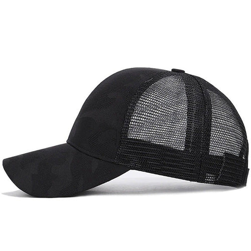 Black Camo Mesh Trucker Hat with Ponytail Opening