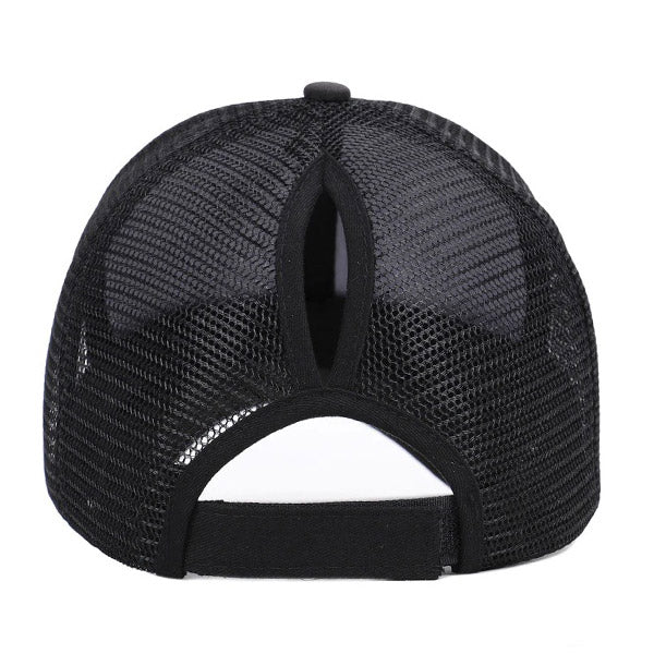 Black Camo Mesh Trucker Hat with Ponytail Opening