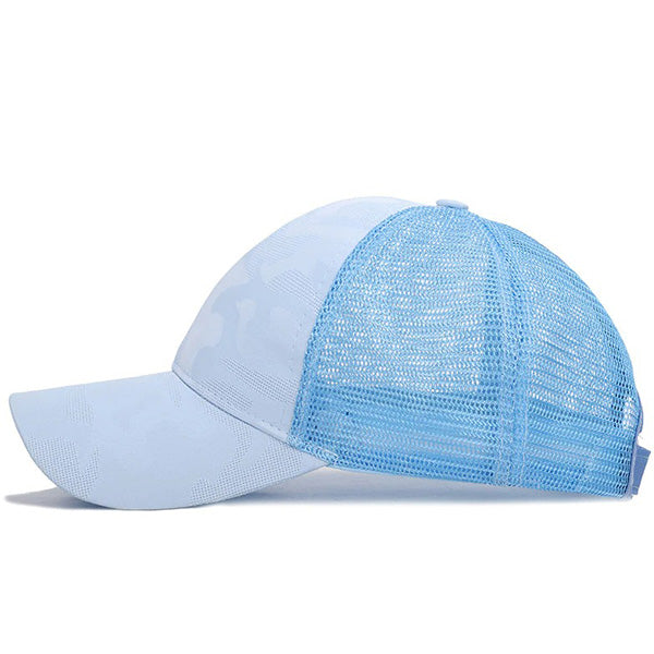 Light Blue Camo Mesh Trucker Hat with Ponytail Slot
