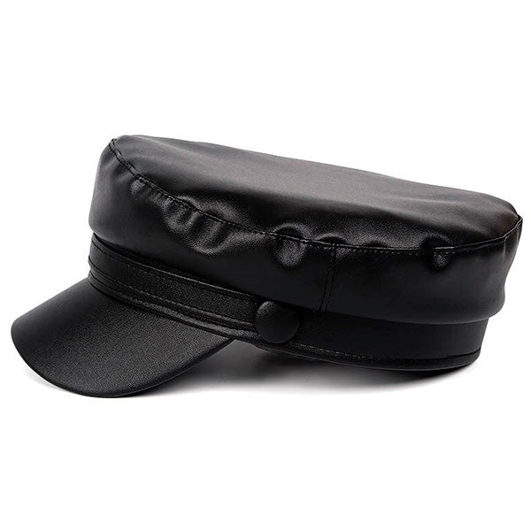 Black Faux Leather Baker Boy Cap