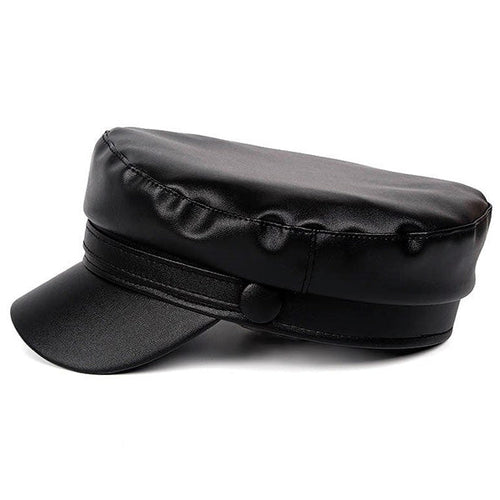 Black Faux Leather Baker Boy Cap