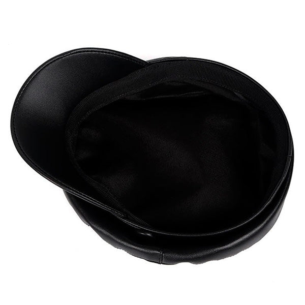 Black Faux Leather Baker Boy Cap