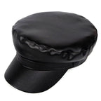 Black Faux Leather Baker Boy Cap
