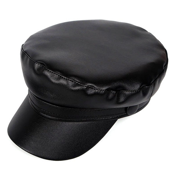 Black Faux Leather Baker Boy Cap