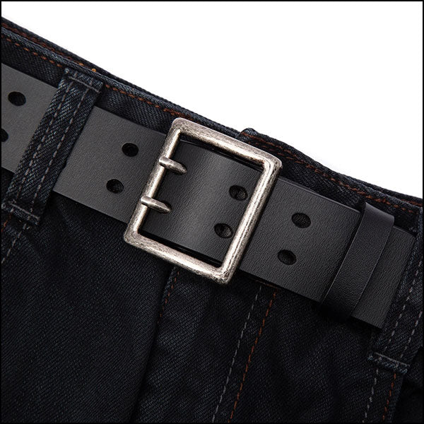 Black Leather Double-Prong Belt with Antique Buckle