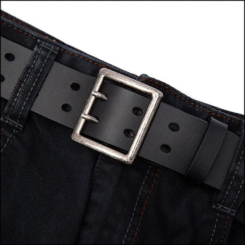 Black Leather Double-Prong Belt with Antique Buckle