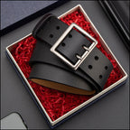 Black Leather Double-Prong Belt with Antique Buckle