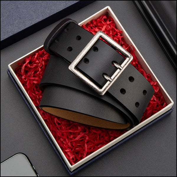 Black Leather Double-Prong Belt with Antique Buckle