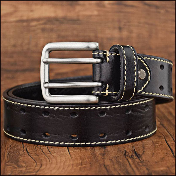 Men's Black Leather Double-Prong Belt with Contrast Stitching