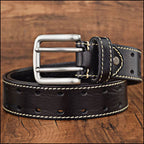 Men's Black Leather Double-Prong Belt with Contrast Stitching