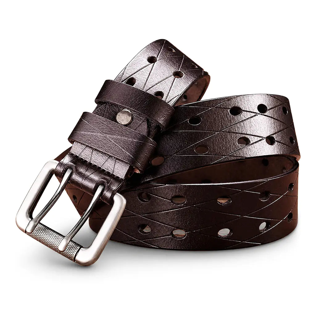 Men's Dark Brown Perforated Leather Double-Prong Belt
