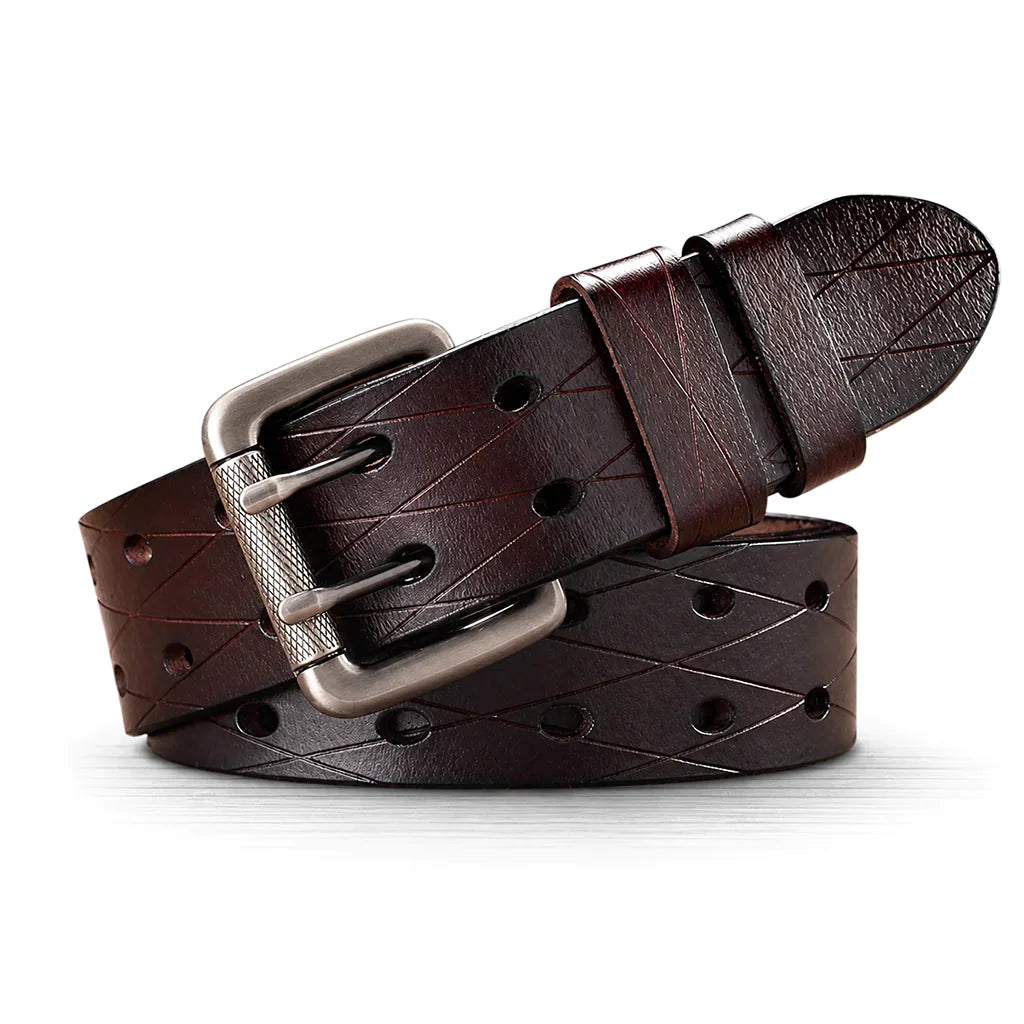 Men's Dark Brown Perforated Leather Double-Prong Belt