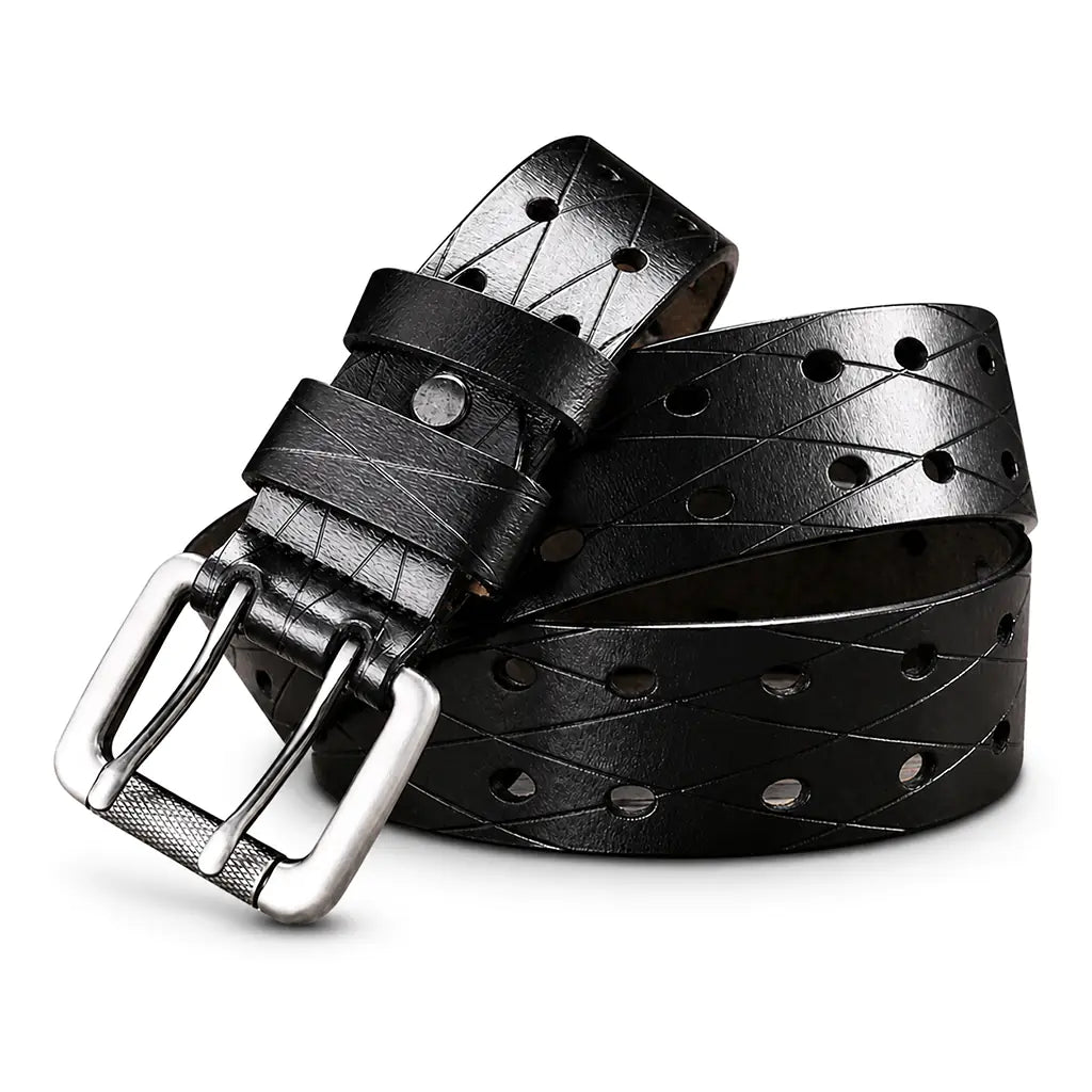 Men's Black Leather Perforated Double-Prong Belt