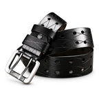 Men's Black Leather Perforated Double-Prong Belt