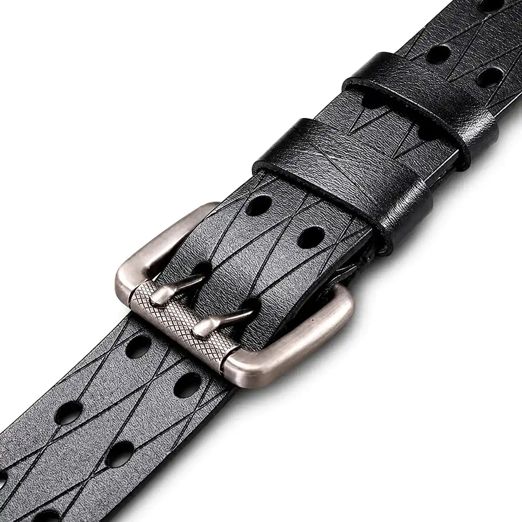 Men's Black Leather Perforated Double-Prong Belt