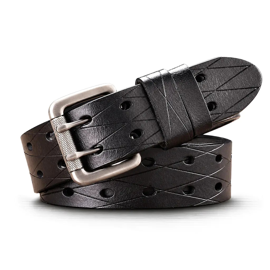 Men's Black Leather Perforated Double-Prong Belt