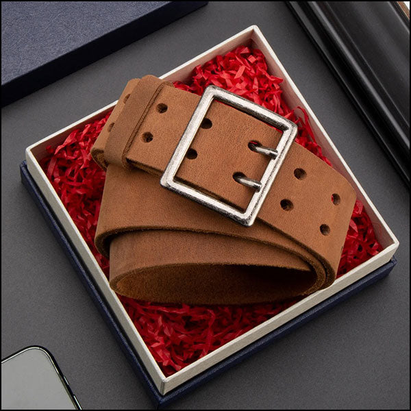 Casual Saddle Brown Leather Belt with Double-Prong Buckle