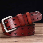 Men's Rustic Cognac Leather Belt with Double-Prong Buckle