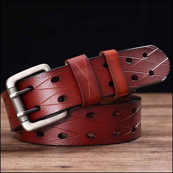 Men's Rustic Cognac Leather Belt with Double-Prong Buckle