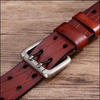 Men's Rustic Cognac Leather Belt with Double-Prong Buckle
