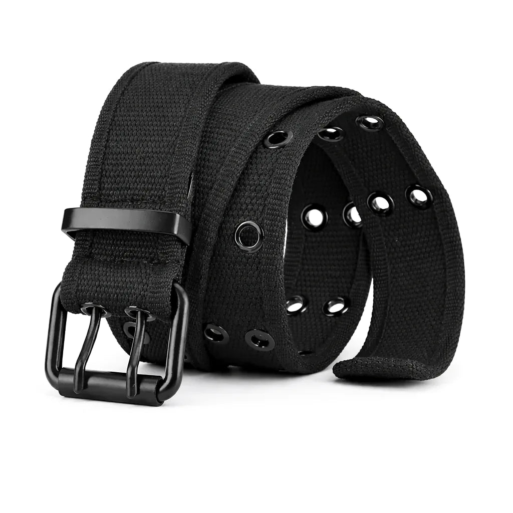 Unisex Black Webbing Belt with Double-Prong Buckle