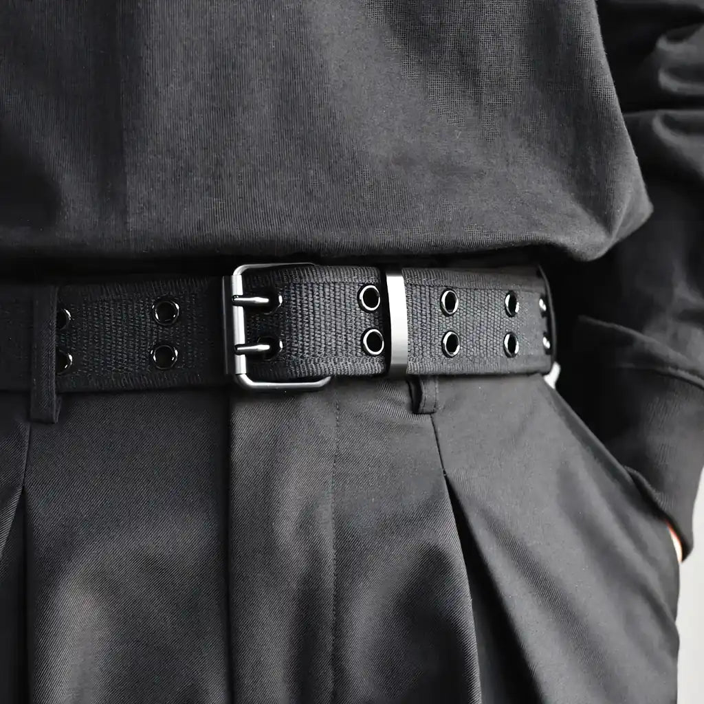 Unisex Black Webbing Belt with Double-Prong Buckle