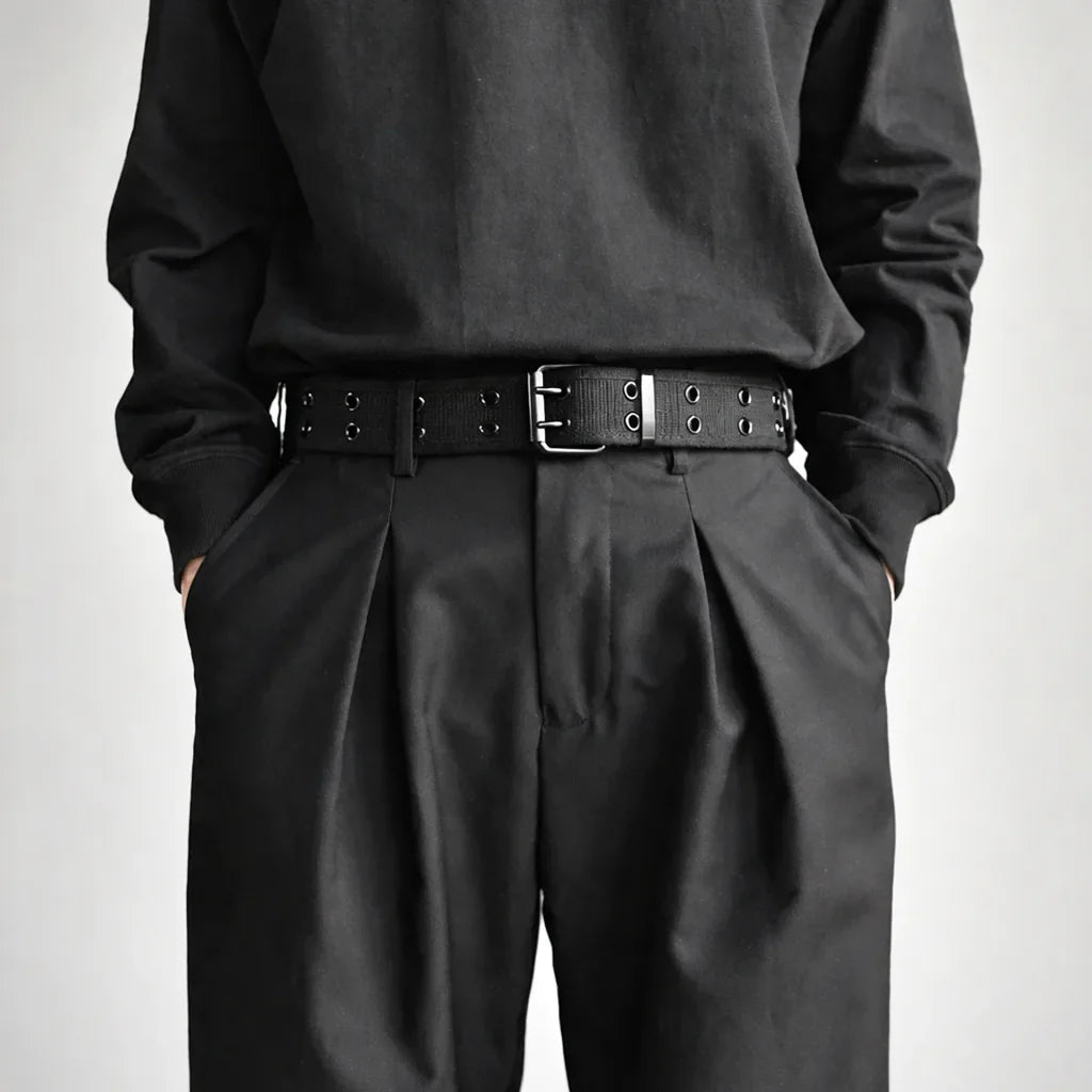 Unisex Black Webbing Belt with Double-Prong Buckle