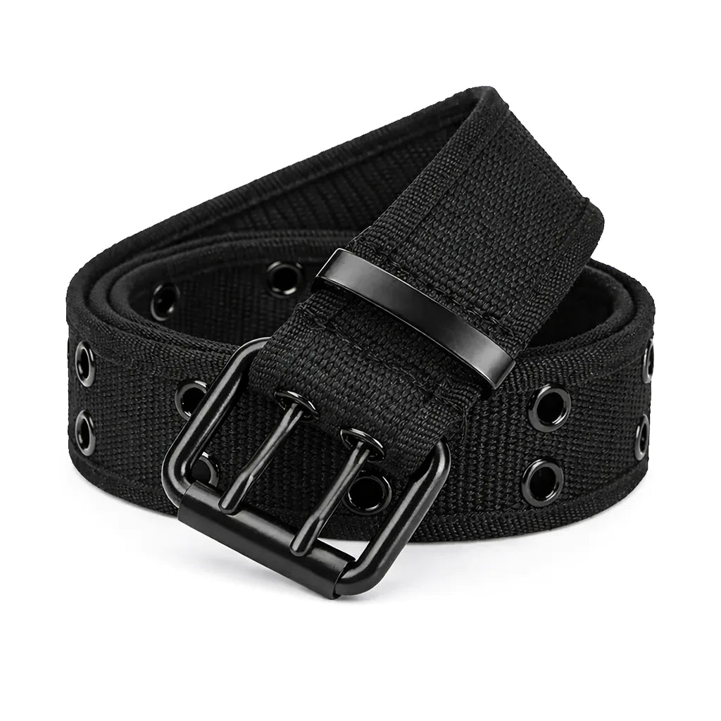 Unisex Black Webbing Belt with Double-Prong Buckle