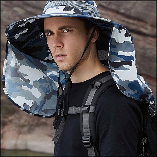 Outdoor Blue Gray Camo Sun Hat with Neck Flap
