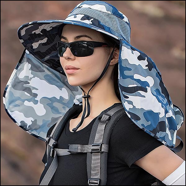 Outdoor Blue Gray Camo Sun Hat with Neck Flap